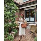 Puff-sleeve Tie-waist Pleated Dress