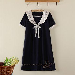 Bear Print Sailor Collar Short Sleeve Dress