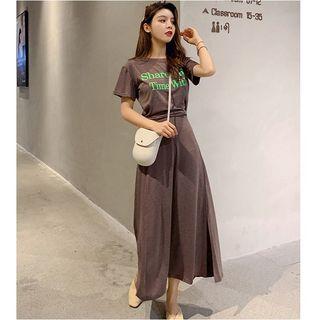 Set: Short-sleeve Lettering T-shirt + Midi Knit Skirt Khaki - One Size