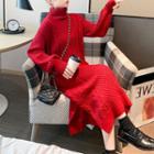 Turtleneck Long-sleeve Midi Cable-knit Dress