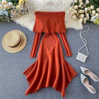 Long-sleeve Off-shoulder Irregular Midi Mermaid Dress