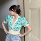 Short-sleeve Floral Knit Top Green - One Size