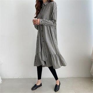 Frill-hem Gingham Midi Shirtdress Black - One Size