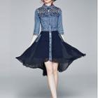 Elbow-sleeve Denim Panel High-low Dress