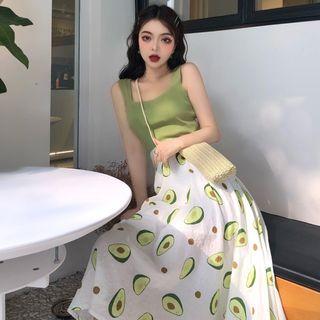 Ribbed Tank Top / Avocado Printed Midi Skirt