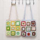Flower Color Block Crochet Knit Shopper Bag