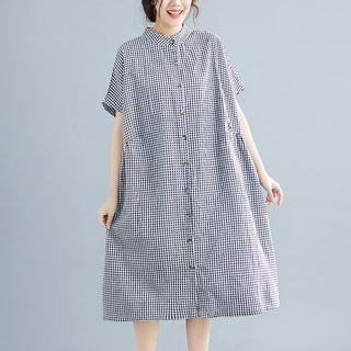 Short-sleeve Plaid Midi Shirtdress Plaid - Black & White - One Size