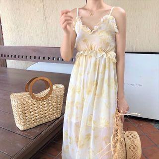Spaghetti Strap Ruffled Floral Print Midi A-line Dress
