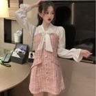 Long-sleeve Ribbon Blouse / Spaghetti Strap Tweed Mini Dress