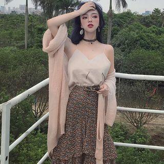 Spaghetti Strap Top / Print Tiered Midi Skirt