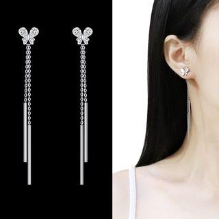 Rhinestone Butterfly Bar Fringed Earring 1 Pair - Sterling Silver Needle - Threader Earring - One Size