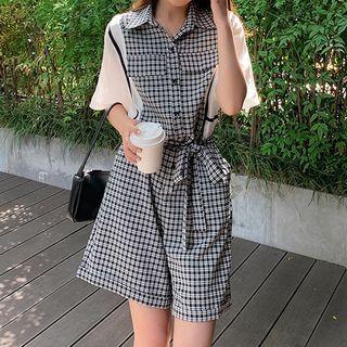 Short-sleeve Plaid Panel Lace-up Overall Shorts