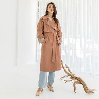 Belted Houndstooth-panel Long Trench Coat