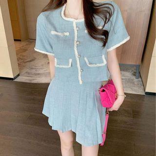 Set: Short-sleeve Contrast Trim Cardigan + High-waist Plain Pleated Skirt