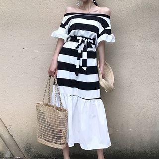 Striped Off-shoulder Elbow-sleeve A-line Midi Dress