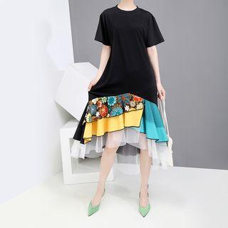 Short-sleeve Mesh Paneled Midi T-shirt Dress Black - One Size