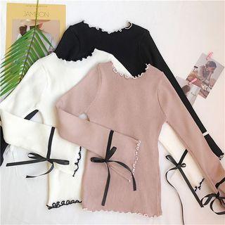 Bell-sleeve Plain Slim Bow Knit Sweater