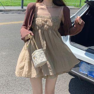 Spaghetti Strap Shirred A-line Dress / Crop Lightweight Cardigan