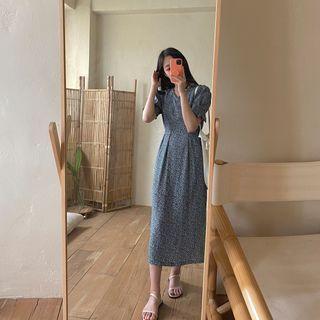 Tie-waist Long Floral Dress Navy Blue - One Size