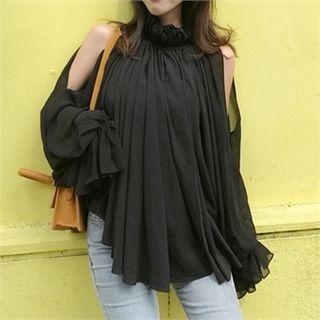 Cutaway-shoulder Frill-trim Top Black - One Size