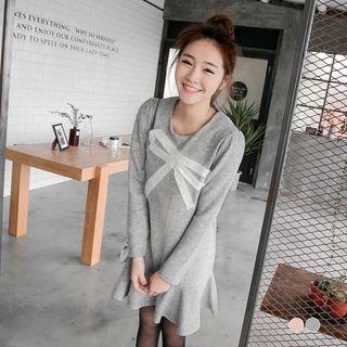 Pearled-bow Brushed Long-sleeve Dress