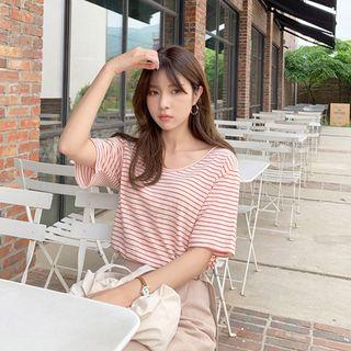Scoop-neck Linen Blend Striped T-shirt