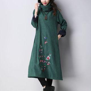 Turtleneck Embroidered Long-sleeve Midi Dress