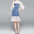 3/4-sleeve Paneled Midi Mermaid Denim Dress