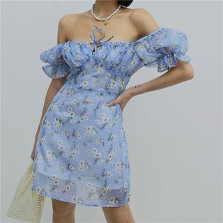 Square-neck Open Back Floral Ruffle A-line Mini Dress