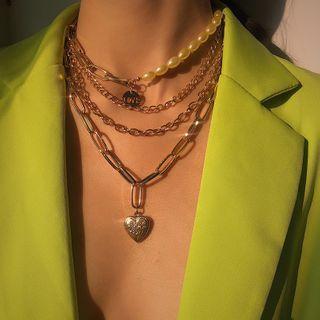 Heart Pendant Layered Necklace Gold & Green - One Size