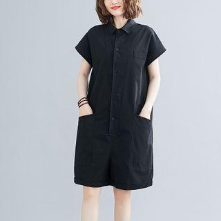 Short-sleeve Buttoned Linen Blend Playsuit