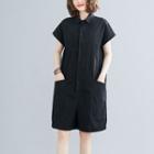 Short-sleeve Buttoned Linen Blend Playsuit