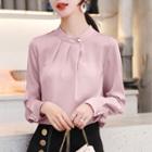 Long Sleeve One-button Pleated Satin Blouse