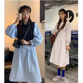 Puff-sleeve Frill Trim A-line Midi Dress / Cropped Vest