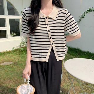 Elbow-sleeve Collar Striped Asymmetrical Top