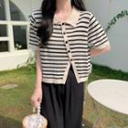 Elbow-sleeve Collar Striped Asymmetrical Top