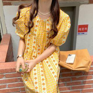 Puff-sleeve Plaid Pattern Print Loose Fit Dress