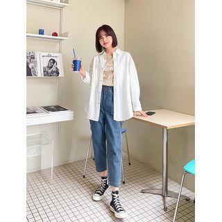 Snap-button Cotton Long Shirt