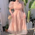 Puff-sleeve Tie-waist Organza A-line Midi Dress