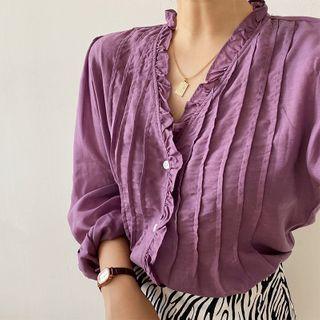 Ruffle Trim V-neck Pintuck Blouse