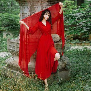 Long-sleeve V-neck Midi A-line Chiffon Dress / Shawl / Set