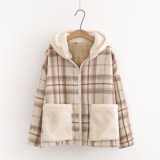 Fleece Plaid Zip Jacket Almond - One Size