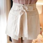 Tie-front Boxy-pleats Linen Blend Shorts