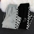 Checkered Panel Letter Embroidered Straight Leg Pants