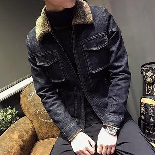 Faux Shearling Panel Zip Denim Jacket