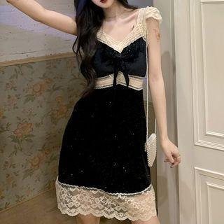Cap-sleeve Lace Trim Mini Sheath Dress / Crop Top
