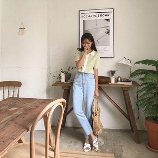 Short-sleeve Contrast-collar Ribbed Cardigan