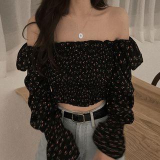 Floral Print Off-shoulder Cropped Crinkle Blouse Black - One Size
