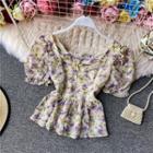 Square-neck Floral Embroidered Puff Short-sleeve Shirt Violet - One Size