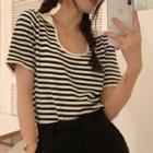 Short-sleeve Striped Knit Top Stripe - White - One Size